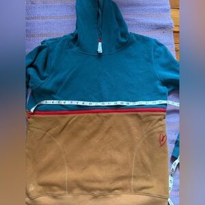 Latched Mama Teal and Camel color block hoodie with red zipper for breastfeeding